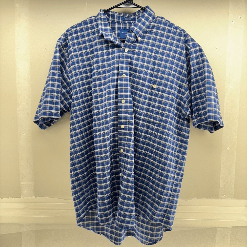 TownCraft Shirt Mens Medium Blue White Plaid Short Sleeve Button Up Wrinkle Free